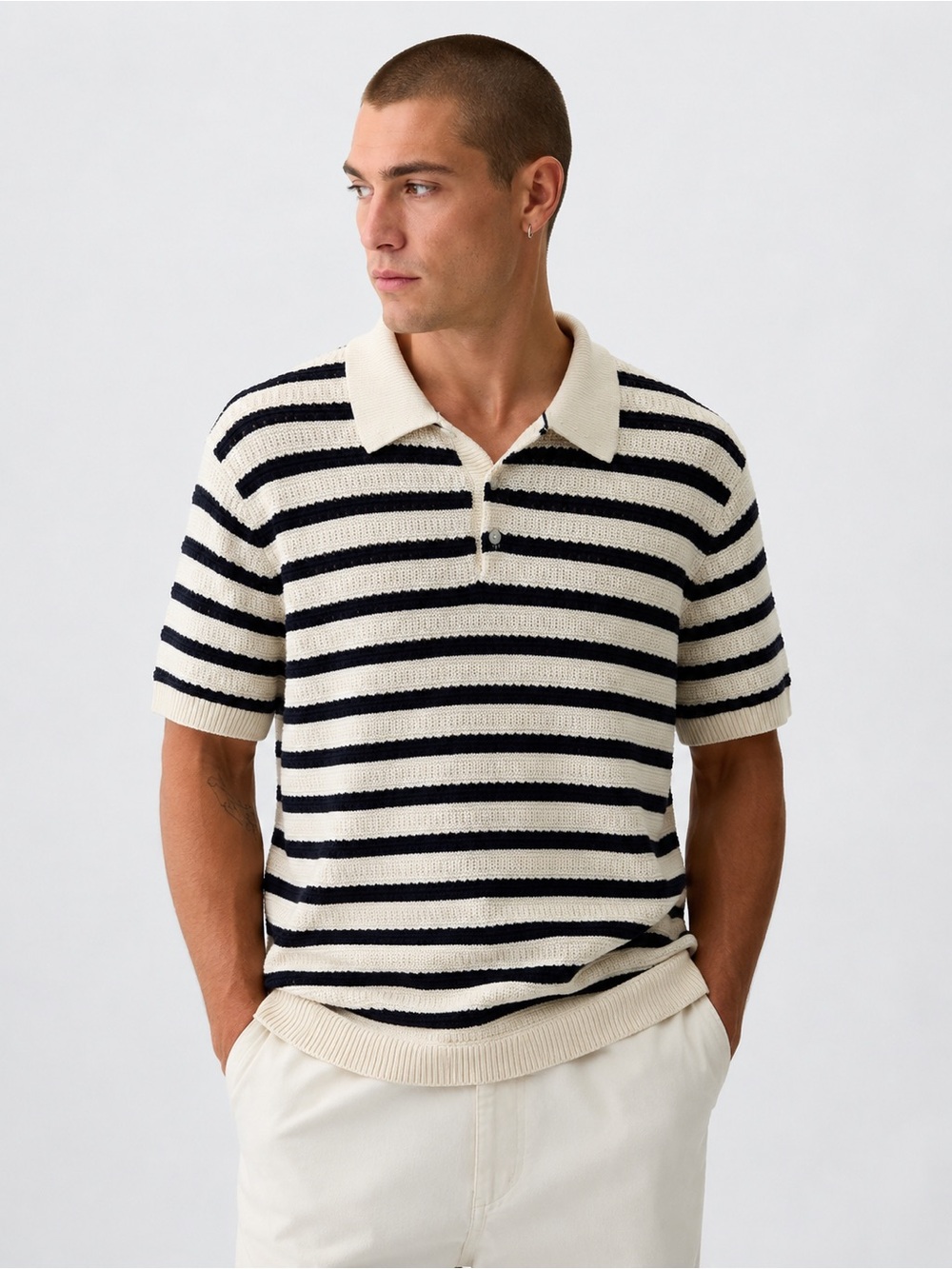 GAP Men’s Jacquard Stripe Sweater Polo Large Navy Ivory Cotton